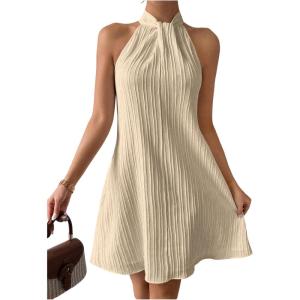 image:imageFloerns Womens Pearl Beaded Halter Twist Sleeveless Tie Back Dress A Line DressApricot Solid