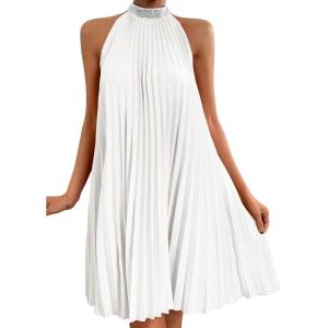 image:imageFloerns Womens Pearl Beaded Halter Twist Sleeveless Tie Back Dress A Line DressSliver and White