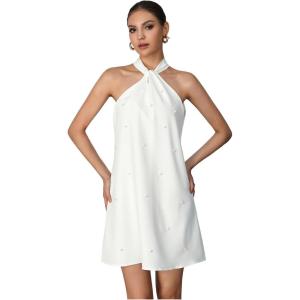 image:imageFloerns Womens Pearl Beaded Halter Twist Sleeveless Tie Back Dress A Line DressWhite