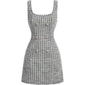 image:imageFloerns Womens Plaid Tweed Dress Sleeveless Square Neck Elegant Work Mini DressBlack