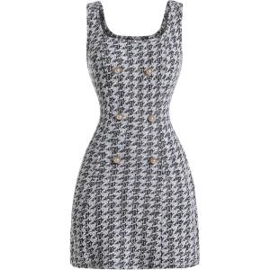 image:imageFloerns Womens Plaid Tweed Dress Sleeveless Square Neck Elegant Work Mini DressBlack and White