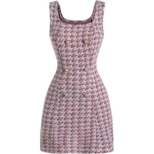 image:imageFloerns Womens Plaid Tweed Dress Sleeveless Square Neck Elegant Work Mini DressBurgundy