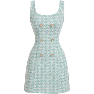 image:imageFloerns Womens Plaid Tweed Dress Sleeveless Square Neck Elegant Work Mini DressMint Blue