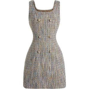 image:imageFloerns Womens Plaid Tweed Dress Sleeveless Square Neck Elegant Work Mini DressOrange Multi
