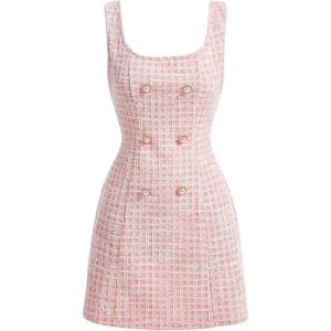 image:imageFloerns Womens Plaid Tweed Dress Sleeveless Square Neck Elegant Work Mini DressPink