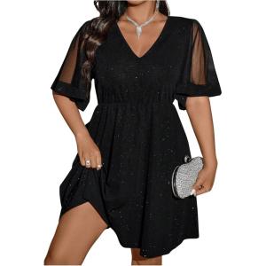 image:imageFloerns Womens Plus Size Contrast Mesh Half Flounce Sleeve V Neck Glitter Flared Hem A Line DressBlack