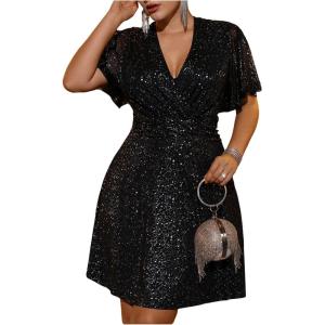 image:imageFloerns Womens Plus Size Contrast Mesh Half Flounce Sleeve V Neck Glitter Flared Hem A Line DressBlack Sequins