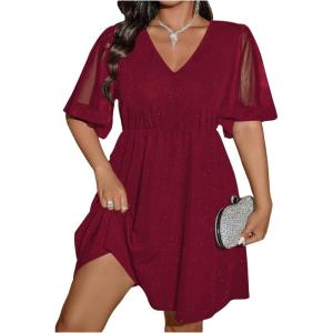 image:imageFloerns Womens Plus Size Contrast Mesh Half Flounce Sleeve V Neck Glitter Flared Hem A Line DressBurgundy
