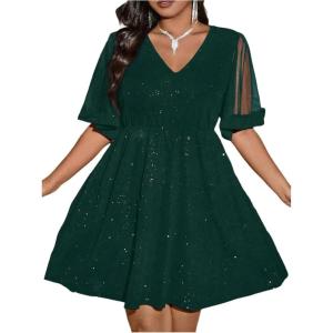 image:imageFloerns Womens Plus Size Contrast Mesh Half Flounce Sleeve V Neck Glitter Flared Hem A Line DressDark Green