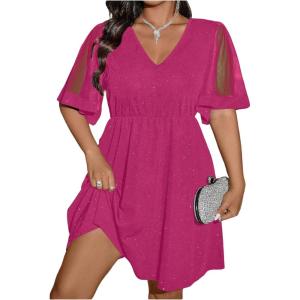 image:imageFloerns Womens Plus Size Contrast Mesh Half Flounce Sleeve V Neck Glitter Flared Hem A Line DressHot Pink
