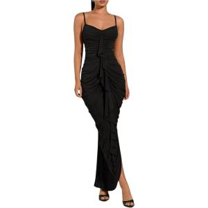 image:imageFloerns Womens Ruffle Ruched Cami Dress Draped Split Elegant Bodycon Maxi DressesBlack