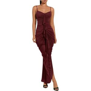 image:imageFloerns Womens Ruffle Ruched Cami Dress Draped Split Elegant Bodycon Maxi DressesBurgundy