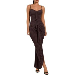 image:imageFloerns Womens Ruffle Ruched Cami Dress Draped Split Elegant Bodycon Maxi DressesCoffee Brown