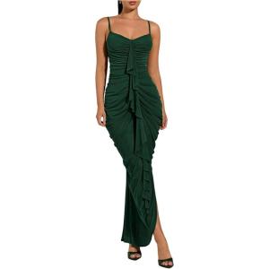 image:imageFloerns Womens Ruffle Ruched Cami Dress Draped Split Elegant Bodycon Maxi DressesDark Green