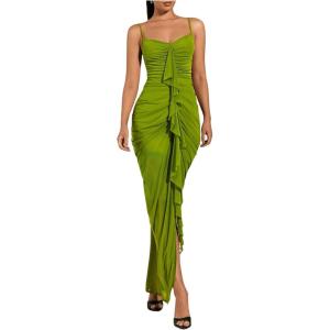 image:imageFloerns Womens Ruffle Ruched Cami Dress Draped Split Elegant Bodycon Maxi DressesGreen