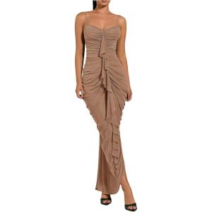image:imageFloerns Womens Ruffle Ruched Cami Dress Draped Split Elegant Bodycon Maxi DressesKhaki