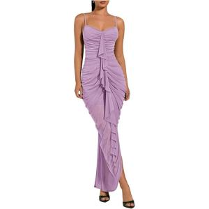 image:imageFloerns Womens Ruffle Ruched Cami Dress Draped Split Elegant Bodycon Maxi DressesMauve Purple