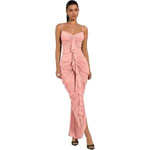 image:imageFloerns Womens Ruffle Ruched Cami Dress Draped Split Elegant Bodycon Maxi DressesPink