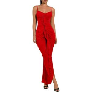 image:imageFloerns Womens Ruffle Ruched Cami Dress Draped Split Elegant Bodycon Maxi DressesRed