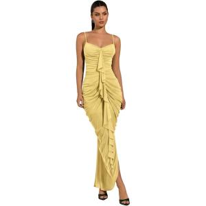 image:imageFloerns Womens Ruffle Ruched Cami Dress Draped Split Elegant Bodycon Maxi DressesYellow