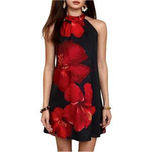 image:imageFloerns Womens Sleeveless Floral Print Sundress Halter Neck A Line Short DressBlack and Red