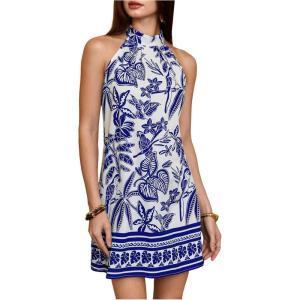 image:imageFloerns Womens Sleeveless Floral Print Sundress Halter Neck A Line Short DressBlue White Tropical