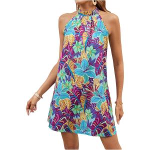 image:imageFloerns Womens Sleeveless Floral Print Sundress Halter Neck A Line Short DressBlue and Purple