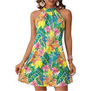 image:imageFloerns Womens Sleeveless Floral Print Sundress Halter Neck A Line Short DressGreen