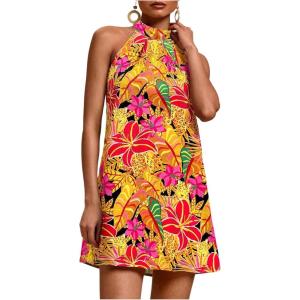 image:imageFloerns Womens Sleeveless Floral Print Sundress Halter Neck A Line Short DressOrange