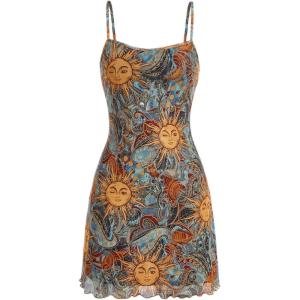 image:imageFloerns Womens Summer Spaghetti Strap Cowl Neck Satin Mini Tropical DressBlue Yellow
