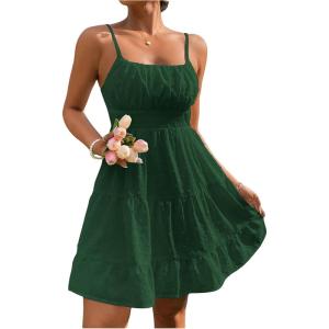 image:imageFloerns Womens Swiss Dots Sleeveless Ruched Bust Ruffle Hem Cami Short DressDark Green