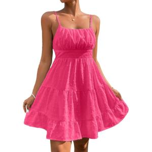image:imageFloerns Womens Swiss Dots Sleeveless Ruched Bust Ruffle Hem Cami Short DressHot Pink
