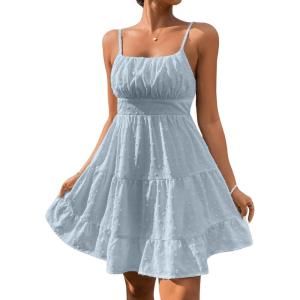 image:imageFloerns Womens Swiss Dots Sleeveless Ruched Bust Ruffle Hem Cami Short DressLight Blue