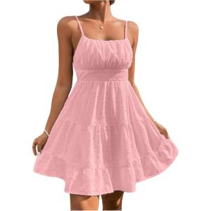 image:imageFloerns Womens Swiss Dots Sleeveless Ruched Bust Ruffle Hem Cami Short DressLight Pink