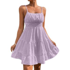 image:imageFloerns Womens Swiss Dots Sleeveless Ruched Bust Ruffle Hem Cami Short DressLight Purple