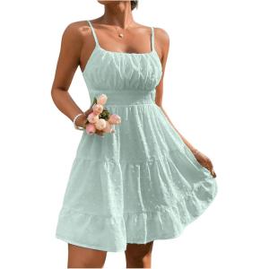image:imageFloerns Womens Swiss Dots Sleeveless Ruched Bust Ruffle Hem Cami Short DressMint Green