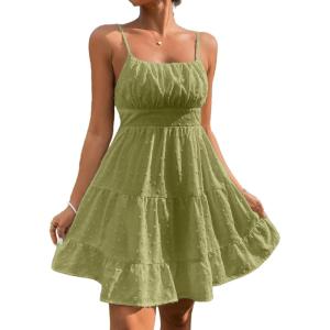 image:imageFloerns Womens Swiss Dots Sleeveless Ruched Bust Ruffle Hem Cami Short DressOlive Green