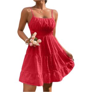 image:imageFloerns Womens Swiss Dots Sleeveless Ruched Bust Ruffle Hem Cami Short DressRed
