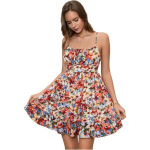 image:imageFloerns Womens Swiss Dots Sleeveless Ruched Bust Ruffle Hem Cami Short DressRed Multi
