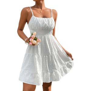 image:imageFloerns Womens Swiss Dots Sleeveless Ruched Bust Ruffle Hem Cami Short DressWhite