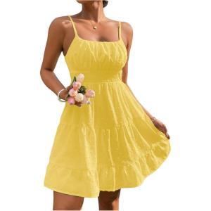 image:imageFloerns Womens Swiss Dots Sleeveless Ruched Bust Ruffle Hem Cami Short DressYellow