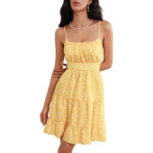 image:imageFloerns Womens Swiss Dots Sleeveless Ruched Bust Ruffle Hem Cami Short DressYellow Multi