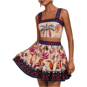 image:imageFloerns Womens Two Piece Outfit Tropical Crop Cami Top and Summer Skirts SetApricot Multi