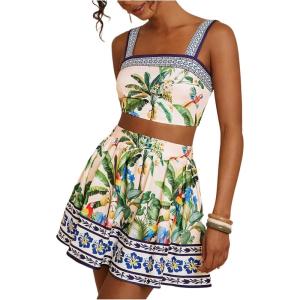 image:imageFloerns Womens Two Piece Outfit Tropical Crop Cami Top and Summer Skirts SetBeige Multi