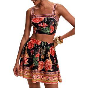 image:imageFloerns Womens Two Piece Outfit Tropical Crop Cami Top and Summer Skirts SetBlack Ink