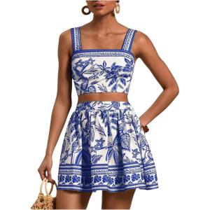 image:imageFloerns Womens Two Piece Outfit Tropical Crop Cami Top and Summer Skirts SetBlue