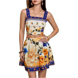 image:imageFloerns Womens Two Piece Outfit Tropical Crop Cami Top and Summer Skirts SetBlue and Yellow
