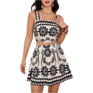image:imageFloerns Womens Two Piece Outfit Tropical Crop Cami Top and Summer Skirts SetDark Black