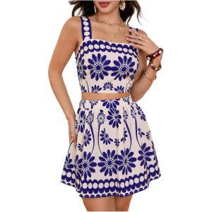 image:imageFloerns Womens Two Piece Outfit Tropical Crop Cami Top and Summer Skirts SetDark Blue