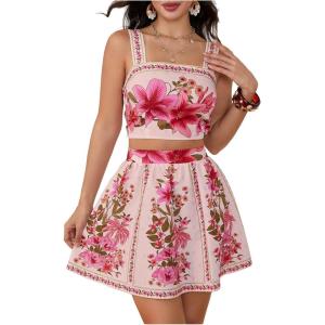 image:imageFloerns Womens Two Piece Outfit Tropical Crop Cami Top and Summer Skirts SetDusty Pink and Beige